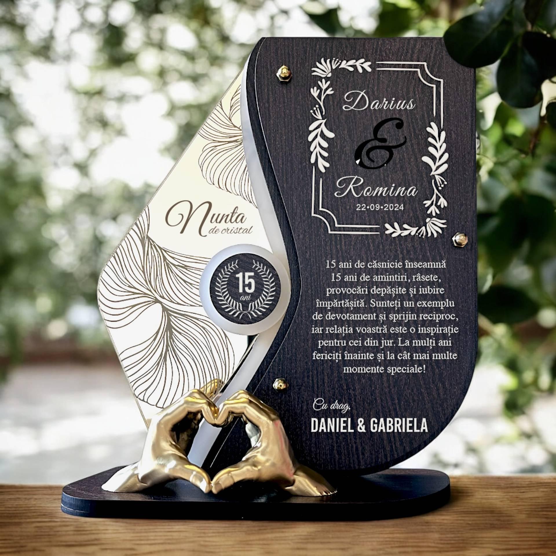 Trofeu personalizat 15 ani - Nunta de cristal - Manute